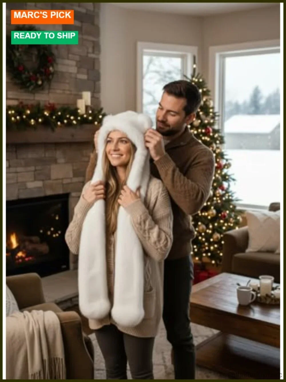 Wolf Faux Fur Hood 3-in-1 Scarf Hat and Mittens with Ears Paws Winter Costume